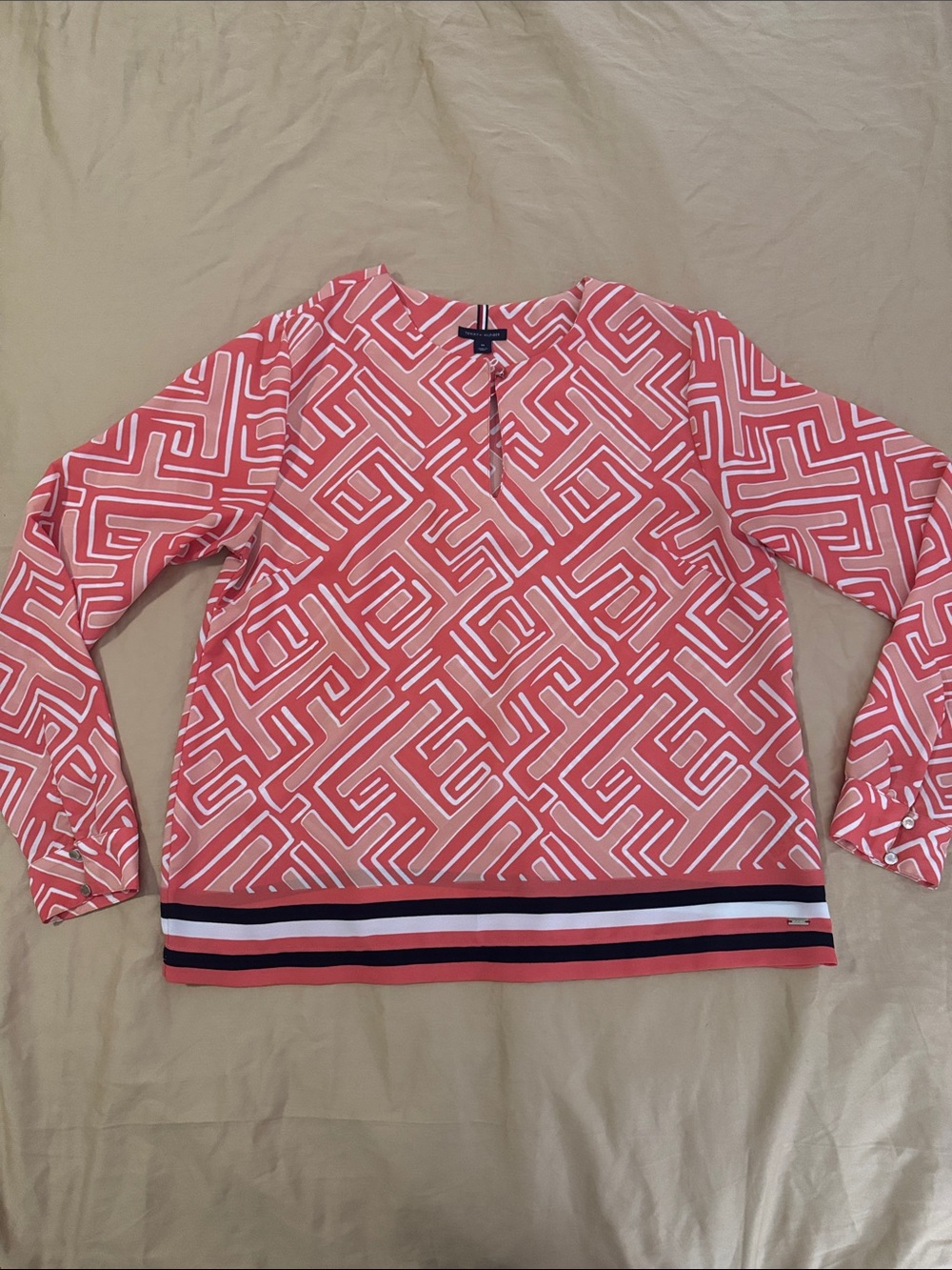 Tommy Hilfiger Coral Geo Print Long Sleeve Top with Stripe Hem